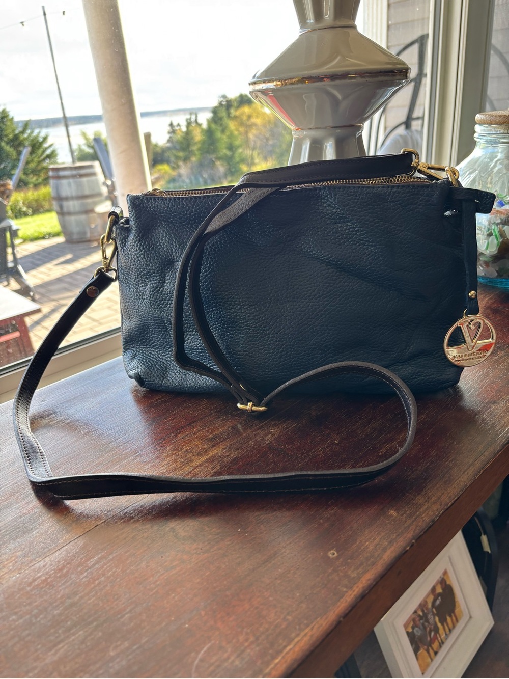Valentina Navy Pebbled Leather Crossbody Bag with Gold Hardware